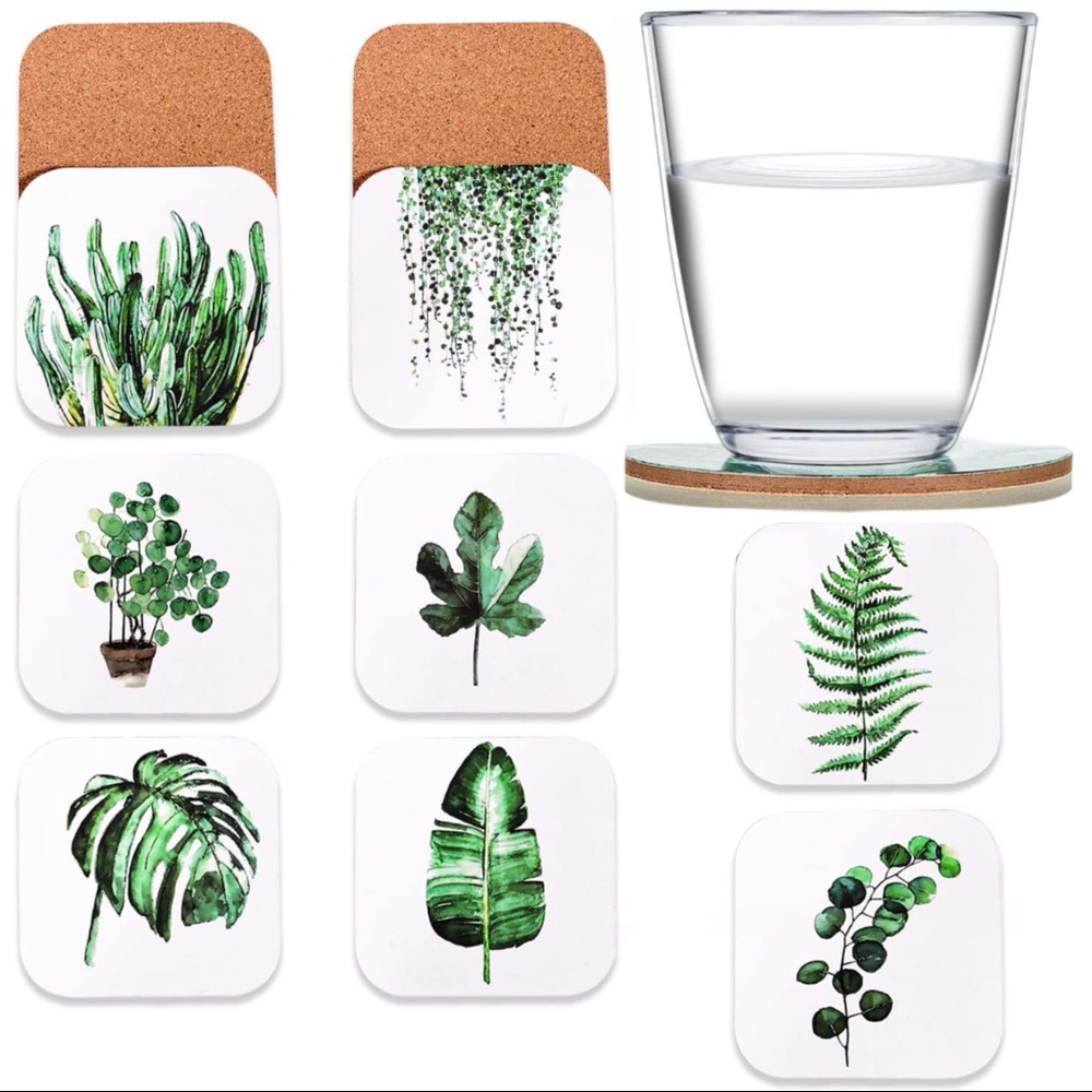 Set of 8 Coasters Tropical Drink Plant Leaf Square